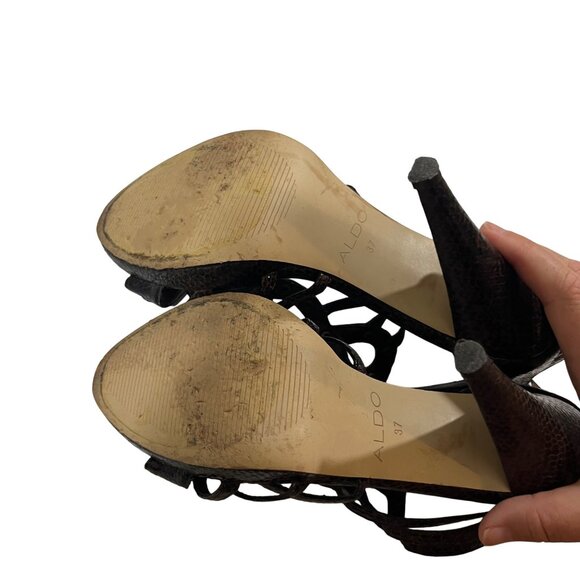 40% off! Aldo heels women's 37 US 6.5-7 brown leather strappy cage heels 5" heel - Picture 9 of 11